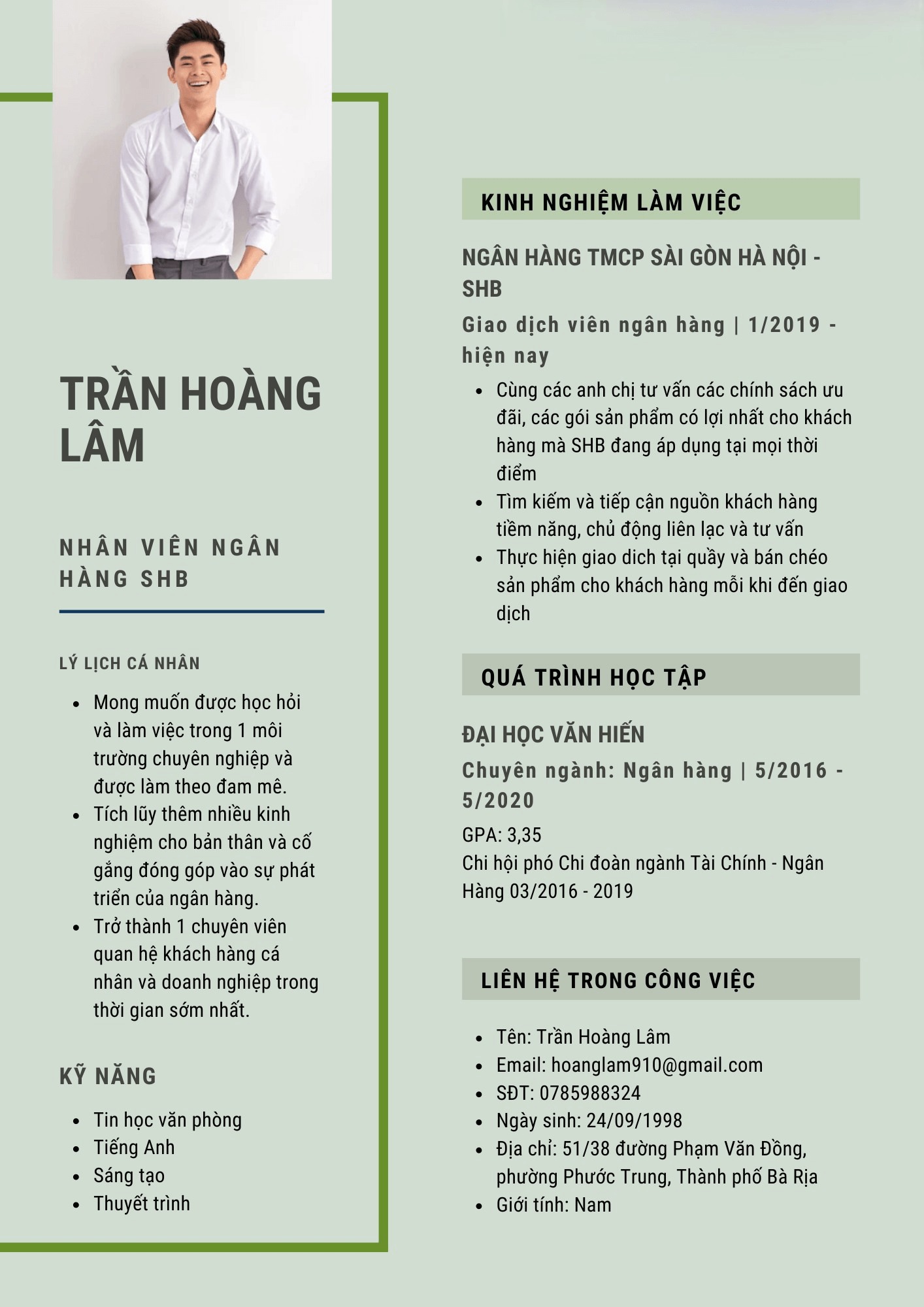 Bố cục cơ bản của 1 mẫu CV ngân hàng